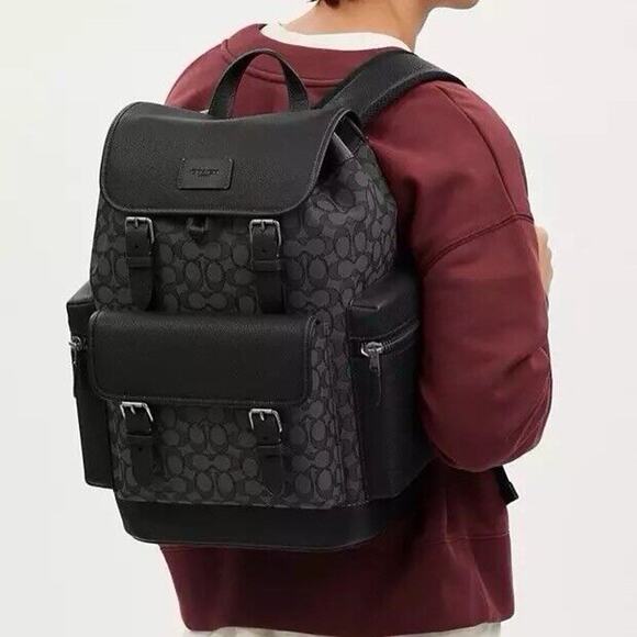 NWT Coach CT016 Men's Spring Backpack In Signature Jacquard Bag Charcoal/Black - Picture 6 of 8